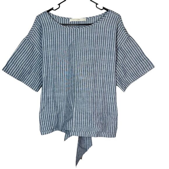 CLN Linen Blend Blue White Striped Short Sleeve‎ Top Size Large - Picture 1 of 8